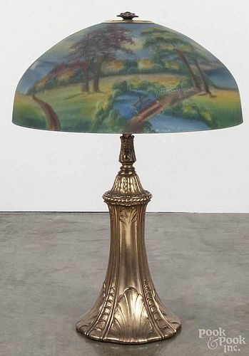 Reverse painted glass and bronze table lamp, early 20th c., 24'' h.