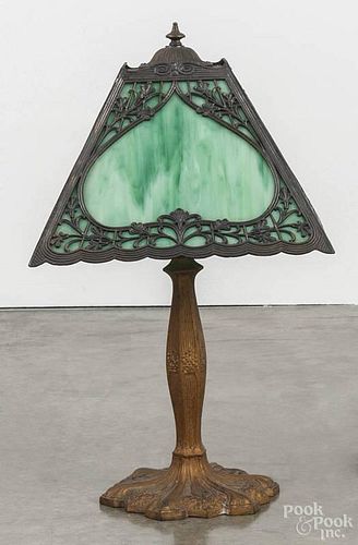 Slag glass and spelter table lamp, early 20th c., 20'' h.