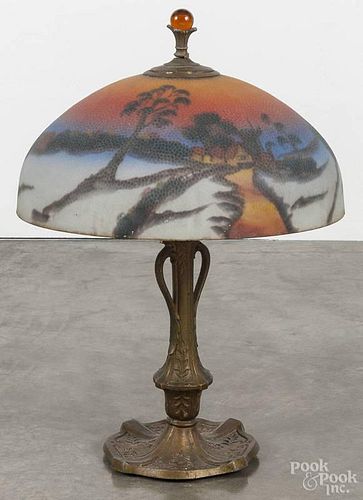 Reverse painted and spelter table lamp, early 20th c., 24'' h.