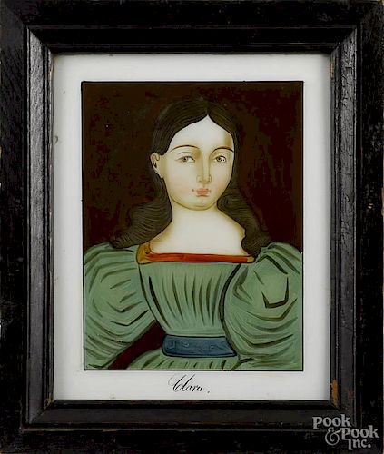 Continental reverse painting on glass portrait of Clara, mid 19th c., 10'' x 8''.