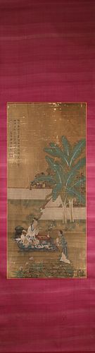A Chinese hanging silk scroll painting of figure, Tangyin mark,Ming Dynasty,China