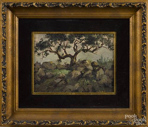 Oil on board rocky landscape, early 20th c., signed W. H. Yelland, 9'' x 12''.