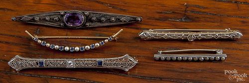Five filigree and other bar pins, to include silver, 14K yellow gold, and 18K yellow gold