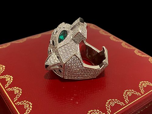 Cartier 18K White Gold & Diamond Panthere de Cartier Ring Diamond Emerald Onyx Size 55