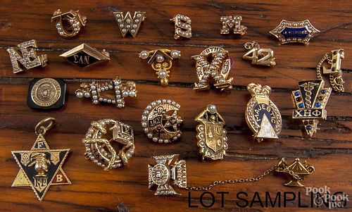 Large group of gold and gold-filled fraternity and sorority pins, 51.7 dwt total.