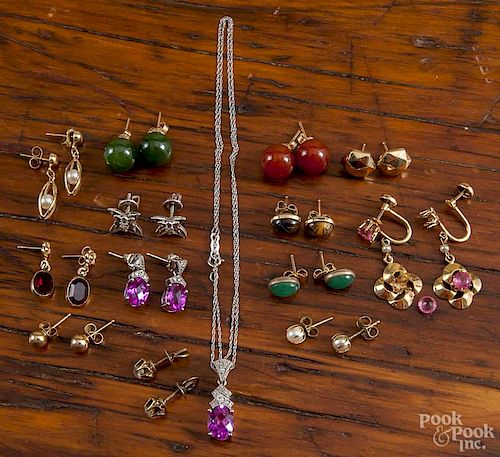 Group of various pierced earrings, mostly studs, to include gold, etc., containing carnelian, jade