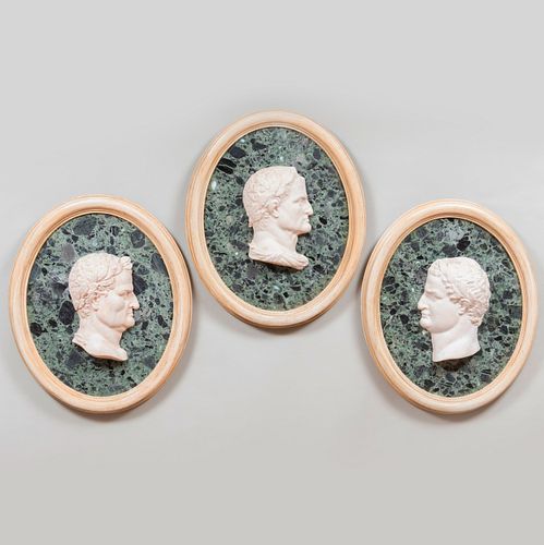 Three Verde Antico Marble, Plaster and Painted Wood Profile Portraits of Caesars
