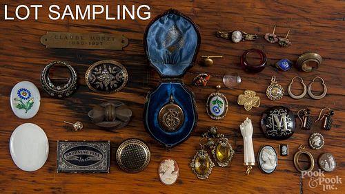 Large group of Victorian jewelry and jewelry parts, to include gold cuff links, pins, gold-filled