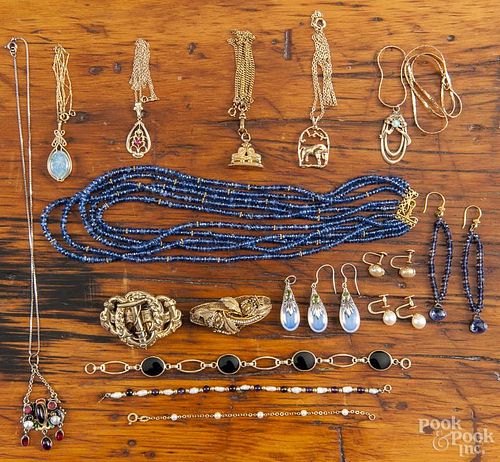 Large group of jewelry, to include gold and gold-filled necklaces, a blue sapphire bead necklace