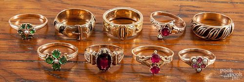 Nine unmarked gold rings, to include three hair art rings, rubies, etc., 12.6 dwt.