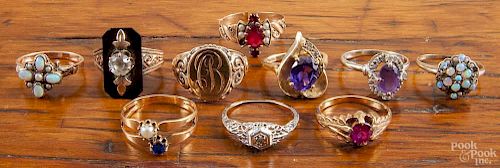 Ten unmarked gold rings, to include diamonds, opals, amethyst, signet, etc., 18.5 dwt.