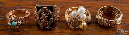 Four unmarked gold rings containing diamonds, pearls, and ruby, 15.4 dwt total.
