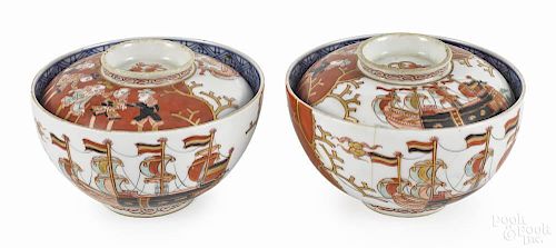 Pair of Black Ship Imari tea bowls and covers, 19th c.