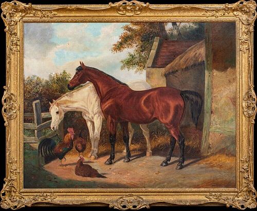  A PAIR OF HORSES OUTSIDE A STABLE OIL PAINTING