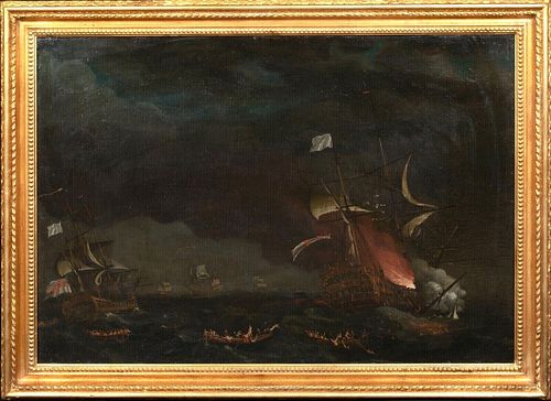 HMS PRINCE GEORGE BURNING AT THE BAY OF BISCAY OIL PAINTING