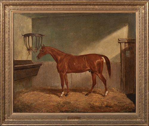  PORTRAIT OF CHESTNUT HUNTER IN A STABLE OIL PAINTING