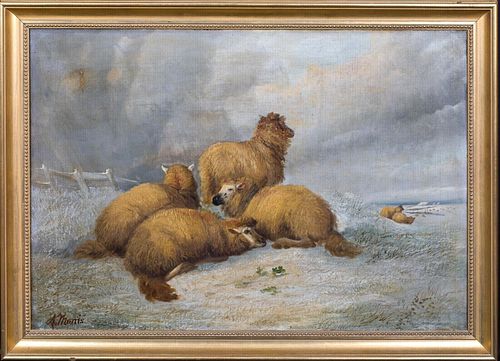SHEEP IN A FROZEN WINTER LANDSCAPE OIL PAINTING