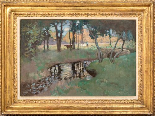  VIEW OF A WOODLAND STREAM OIL PAINTING