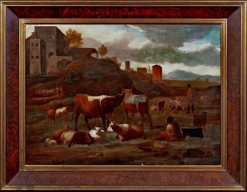 DROVERS & THEIR HERD IN AN ITALIAN LANDSCAPE OIL PAINTING