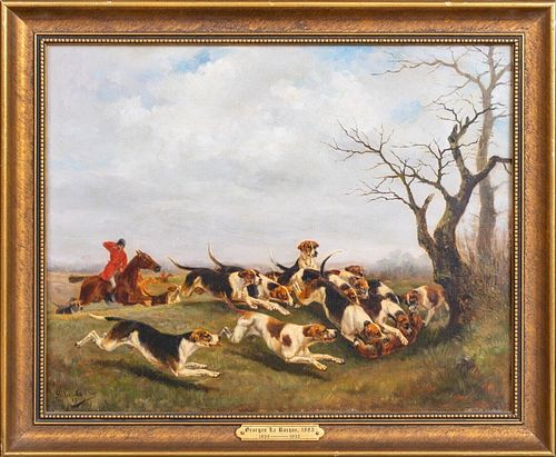 FOX HUNTING HORSE & HOUNDS OIL PAINTING