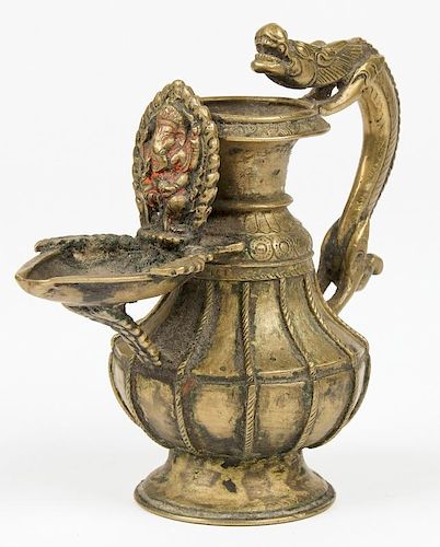Fine 18th C. Oil Lamp w. Lion Handle (Sukunda)