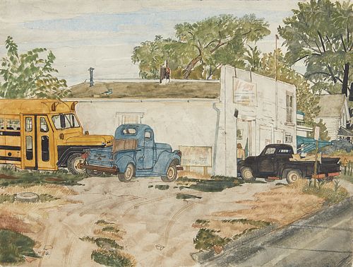 Robert Berkeley Green Watercolor Painting of Cars