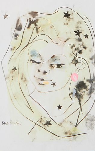 Karl Priebe Lady with Stars Painting on Print