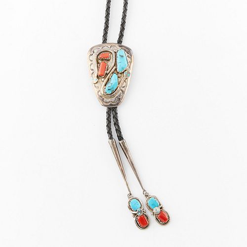Effie Calavaza Turquoise and Coral Bolo Tie