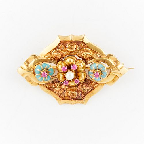 Gold Brooch with Enamel and Rubies