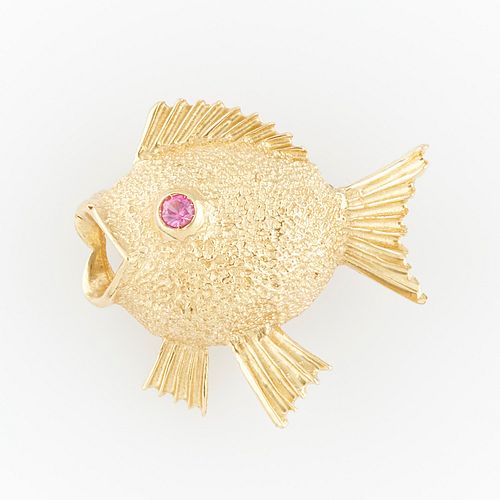 14k Yellow Gold Puffer Fish Pin w/ Ruby