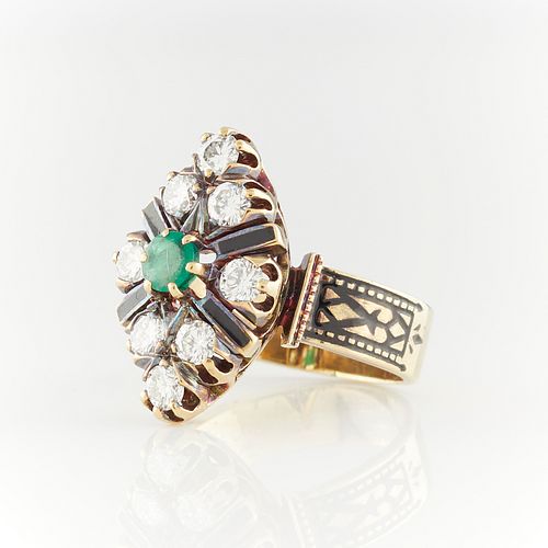 14k Yellow Gold Emerald, Diamond, and Enamel Ring