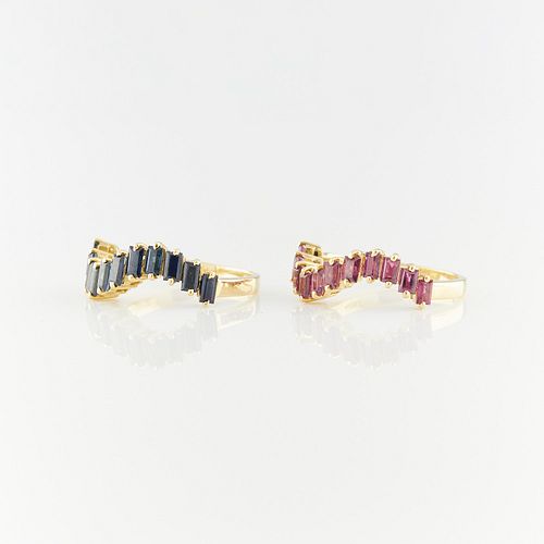 18k Yellow Gold Pink & Blue Sapphire Ring Set