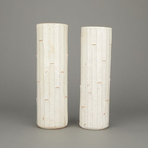 Pair MCM Japanese Folkware Ceramic Ikebana Vases