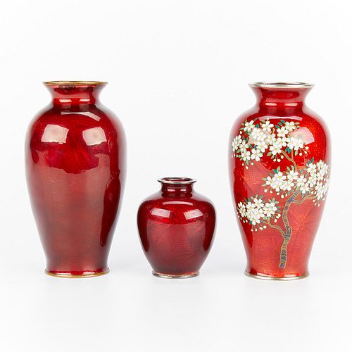 3 Japanese Oxblood Cloisonne Vases