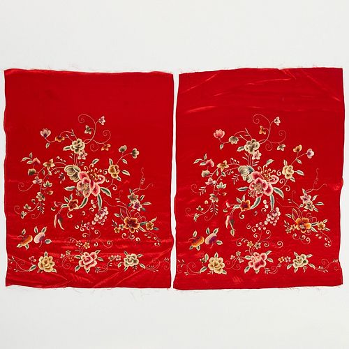 Pair Chinese Embroidery Silk Panels of Flowers