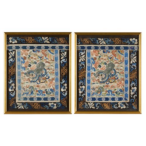 Pair Chinese Silk Embroidered Textile Fragments