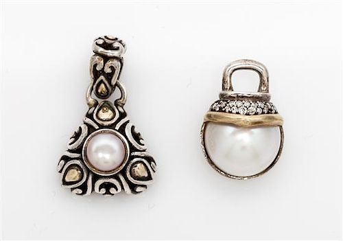 A Collection of Sterling Silver, Yellow Gold, Cultured Pearl and Diamond Pendants, 9.00 dwts.