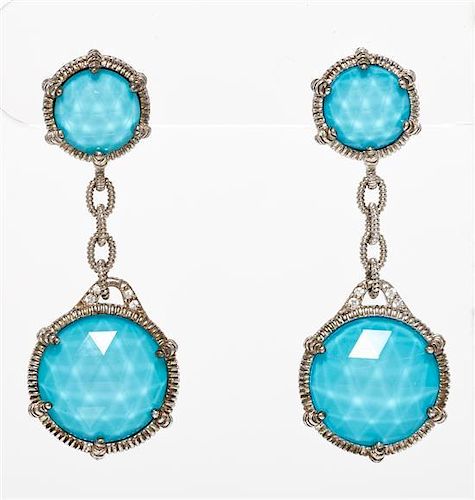 A Pair of Sterling Silver, 18 Karat Gold, Turquoise, Quartz and Diamond Drop Earrings, Judith Ripka, 9.50 dwts.