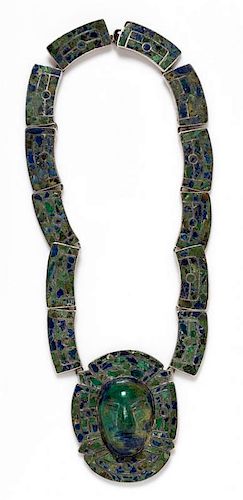 A Sterling Silver and Azurmalachite Chip Inlay Warrior Motif Necklace, Taxco, Pre-1948, 107.90 dwts.