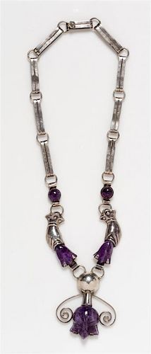 A Silver and Amethyst Hand and Tulip Motif Necklace, Mexico, Pre-1948, 46.40 dwts.