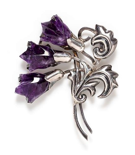 A Silver and Amethyst Tulip Brooch, Mexico, Pre-1948, 30.40 dwts.