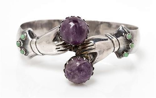 A Silver, Amethyst and Turquoise Hand Motif Bypass Bracelet, Mexico, Pre-1948, 39.80 dwts.