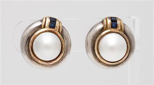 A Pair of Sterling Silver, 18 Karat Yellow Gold, Mabe Pearl and Sapphire Earclips, Tiffany & Co., Circa 1984, 16.10 dwts.