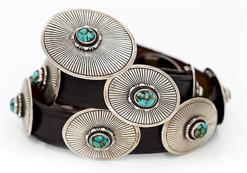 A Sterling Silver, Copper and Turquoise Concho Belt, Randy Shorty, 199.80 dwts (including belt)