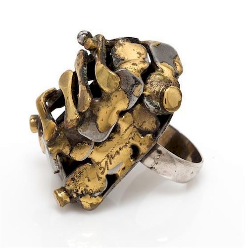 A Brutalist Steel, Brass and Sterling Silver Ring, Richard Bitterman, Chicago, 17.60 dwts.