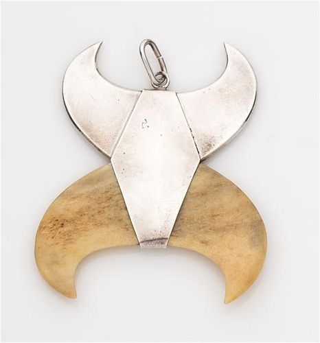 A Modernist Silver and Bone Bull Horn Motif Pendant, 41.00 dwts.