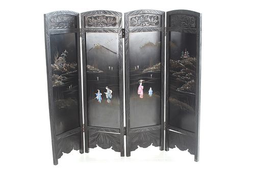 Meiji P. Japanese Small Inlaid Four Panel Screen