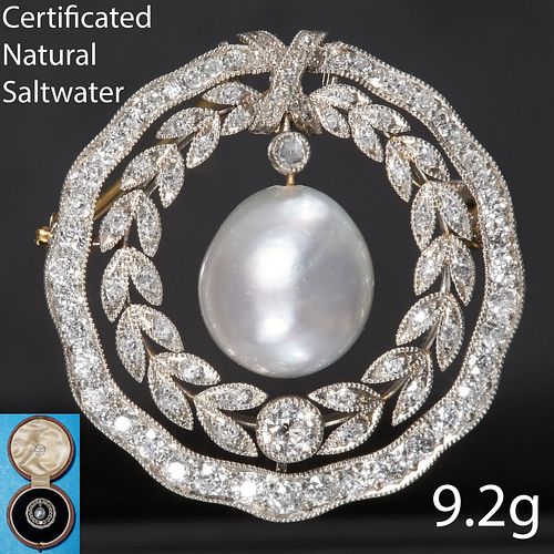 BELLE EPOQUE CERTIFICATED NATURAL SALTWATER PEARL AND DIAMOND BROOCH/PENDANT