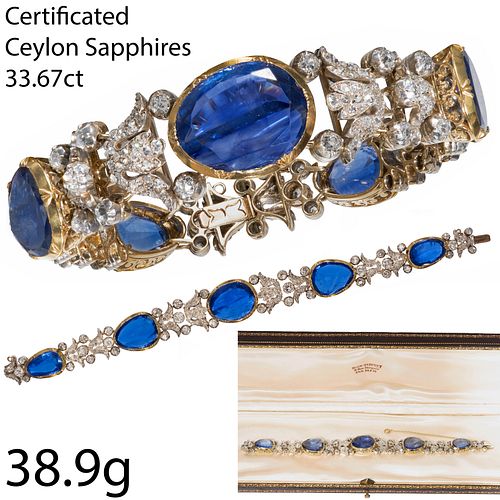 MAGNIFICENT AND IMPORTANT ANTIQUE VICTORIAN CERTIFICATED CEYLON SAPPHIRE AND DIAMOND BRACELET