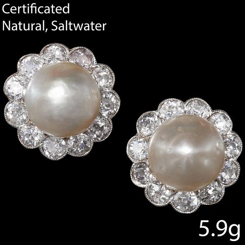 IMPRESSIVE CERTIFICATED PAIR OF NATURAL SALTWATER PEARL AND DIAMOND EARRINGS